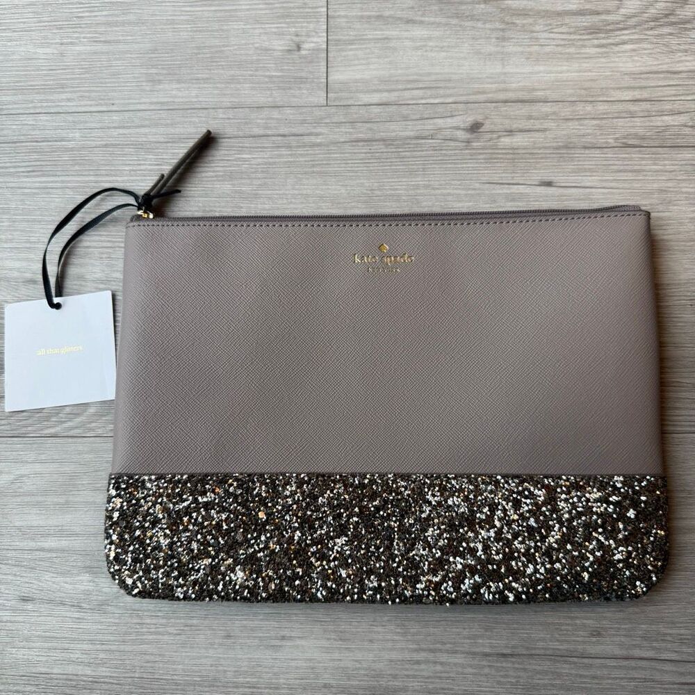 Kate Spade New York Greta Court Cityscape Gia Glitter Pouch Clutch in grey Saffi